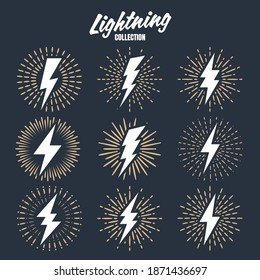 Set of vintage lightning bolts and sunrays. Lightnings with sunburst effect. Thunderbolt, electric shock sign. Vector illustration.