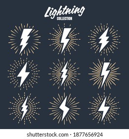 Set of vintage lightning bolts and sunrays. Lightnings with sunburst effect. Thunderbolt, electric shock sign. Vector illustration.