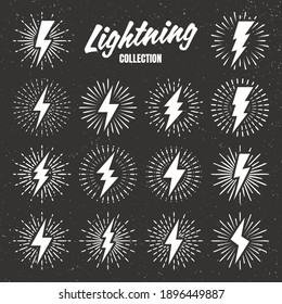 Set of vintage lightning bolts and sunrays on grunge background. Lightnings with sunburst effect. Thunderbolt, electric shock sign. Vector illustration.