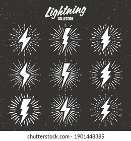 Set of vintage lightning bolts and sunrays on grunge background. Lightnings with sunburst effect. Thunderbolt, electric shock sign. Vector illustration.