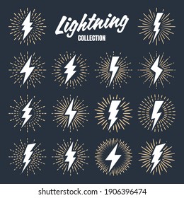 Set of vintage lightning bolts and sunrays. Lightnings with sunburst effect. Thunderbolt, electric shock sign. Vector illustration.