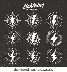 Set of vintage lightning bolts and sunrays on grunge background. Lightnings with sunburst effect. Thunderbolt, electric shock sign. Vector illustration.