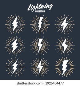 Set of vintage lightning bolts and sunrays. Lightnings with sunburst effect. Thunderbolt, electric shock sign. Vector illustration.