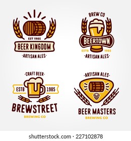 Set of vintage line art badge, logo templates and design elements for beer house, bar, pub, brewing company, brewery, tavern, taproom, alehouse, restaurant (mug, glass, barrel, wheat, hop icons)