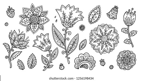 Set of vintage line art doodle style flowers, vector coloring book floral elements set