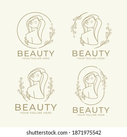 Set of vintage line art female beauty logo templates