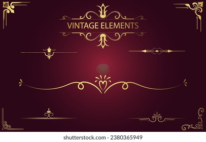Set Vintage line elements in luxurious gold color for decorating cards.