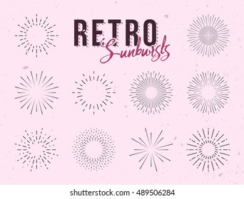 Set of vintage linear sunbursts. Hand-drawn vector illustration. Starbursts elements for logo design, labels or badges.