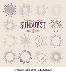 Set of vintage linear sunbursts. Perfect for logo design. Vector illustration.