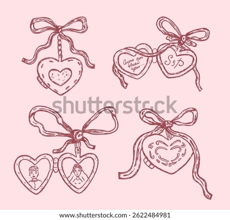 Set of vintage locket in heart shape with coquette pink bow. Aestetic whimsial sketch