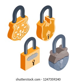 Set of vintage locks in isometric style on a white background. Retro yellow metal locks with an ornament in a flat trend angle. Vector stock illustration