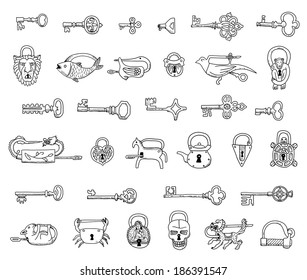 Set of vintage locks and keys in vector.  Doodles. Isolated  on a white background.