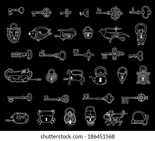 Set of vintage locks and keys in vector.  Doodles. Isolated  on a black background.