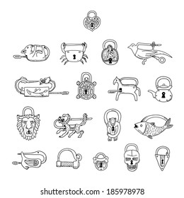 Set of vintage locks in vector.  Doodles. Isolated  on a white background.