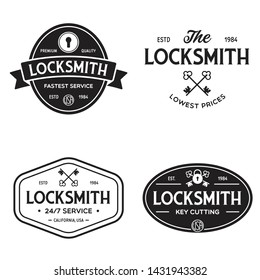 Set of vintage locksmith logo, retro styled key cutting service emblems, badges, design elements, logotype templates. Vector illustration.