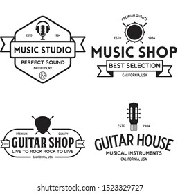 Set of vintage logo, badge, emblem or logotype elements for music shop, guitar shop. Music icons for audio store, branding or poster.