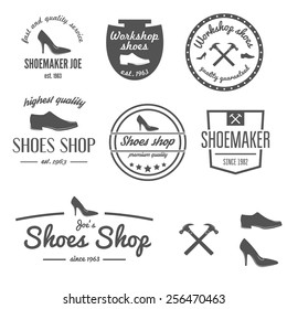 Set of vintage logo, badge, emblem or logotype elements for shoemaker, shoes shop and shoes repair