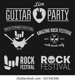 Set of vintage logo, badge, emblem or logotype elements for musical performance, rock festival or guitar party