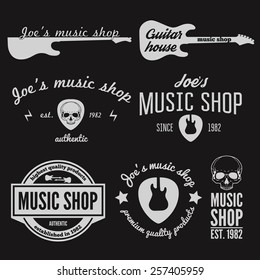 Set of vintage logo, badge, emblem or logotype elements for music shop, guitar shop