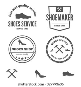 Set of vintage logo, badge, emblem or logotype elements for shoemaker, shoes shop and shoes repair
