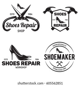 Set of vintage logo badge emblem or logotype elements for shoemaker shoes shop and shoes repair. Isolated on white background.