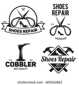 Set of vintage logo badge emblem or logotype elements for shoemaker shoes shop and shoes repair. Isolated on white background.