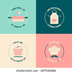 Set of vintage logo for cooking classes and courses.Kitchen emblems,symbols,icons for education for cookery expert in food studio with culinary tools.Great for advertise,web,posters,flyers.Vector