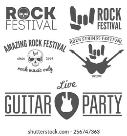 Set Of Vintage Logo, Sticker, Badge, Emblem Or Logotype Elements For Rock Festival, Guitar Party And Musical Performance