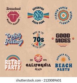 Set Of Vintage Logos. 1960s, 1970s Retro Logo Designs. 9 Vector Retro 70's Logos Set. Retro Prints For T-shirt, Typography. Vector Illustration