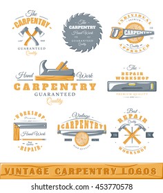 Conjunto de carpintería de logotipos vintage. Carteles, sellos, banderas y elementos de diseño. Ilustración del vector