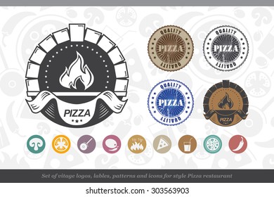 Set of vintage logos, labels, patterns and icons for Pizza restaurant style.