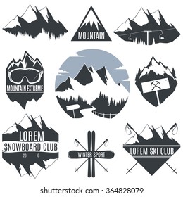 Set of vintage logos mountains and skiing with snowboard. vector