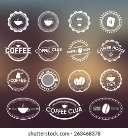 Set of vintage logos on the blurry background, for coffee shops, cafes and restaurants. Vector element design,  stickers, icons, business signs