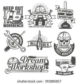 Set of vintage logos to repair workshop, tool shop or something. The text on a separate layer - easy to replace.