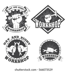 Set of vintage logos repair workshop with hands holding tools on a white background.