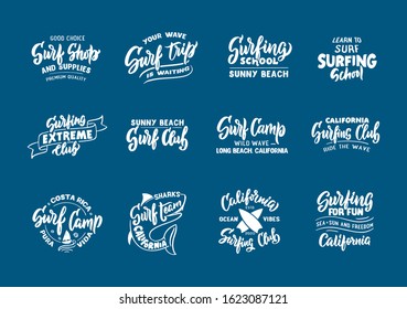 Set of vintage logos with slogans and phrases.  Surfing. Retro emblems, badges, stamps. Surf club, school labels and stickers. Hand drawn lettering . Vector illustration. Pura Vida (pure life)