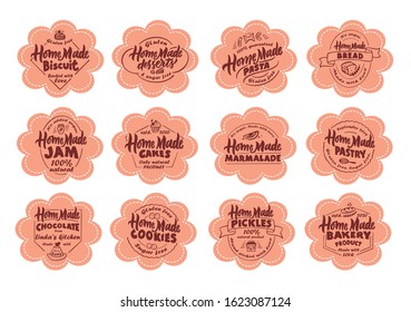 Set of vintage Logos with slogans and phrases.  Homemade. Pastry, pickles, bakery, pasta, biscuit, deserts, marmalade, chocolate, bread jam, cookies, cakes, emblems, badges, stamps, labels, stickers. Vector 