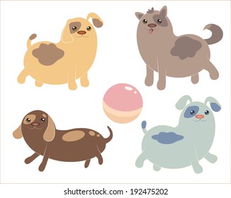 A set of vintage lovely colorful cartoon puppies