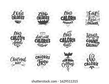 Set of vintage Low and Zero calories emblems and stamps. Diet badges, templates and stickers on white background. Collection of retro logos with hand-drawn text and phrases. Vector illustration.