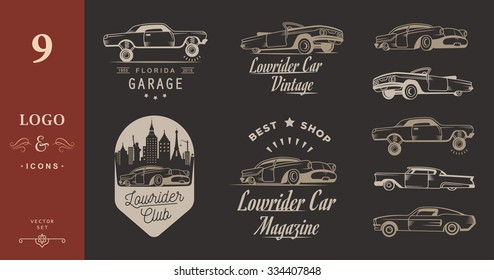 Set vintage lowrider logo, badge, sign, emblems, sticers and elements design. Collection black and white classic and retro old car icon - Stock Vector