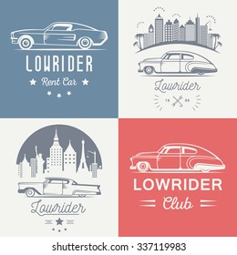 Set vintage lowrider logo, badge, sign, emblems, sticers and elements design. Collection black and white classic and retro old car icon - Stock Vector