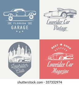 Set Vintage Lowrider Logo, Badge, Sign, Emblems, Sticers And Elements Design. Collection Black And White Classic And Retro Old Car Icon - Stock Vector