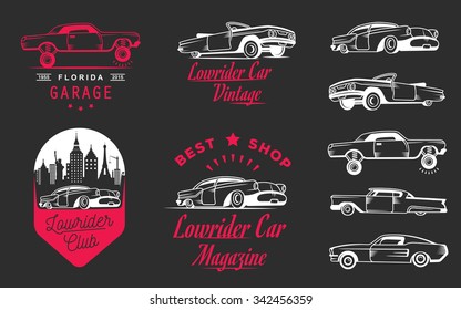 Set vintage lowrider logo, badge, sign, emblems, sticers and elements design. Collection black and white classic and retro old car icon - Stock Vector