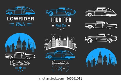 Set Vintage Lowrider Logo, Badge, Sign, Emblems, Sticers And Elements Design. Collection Blue And White Classic And Retro Old Car Icon - Stock Vector