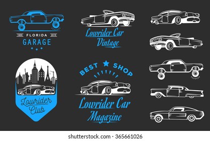 Set Vintage Lowrider Logo, Badge, Sign, Emblems, Sticers And Elements Design. Collection Blue And White Classic And Retro Old Car Icon - Stock Vector