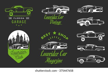 Set vintage lowrider logo, badge, sign, emblems, sticers and elements design. Collection classic and retro old car icon - Stock Vector