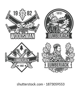 set vintage lumberjack emblemas aislados blanco