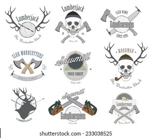 Set of vintage lumberjack labels and design elements. Vector illustration.