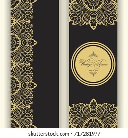 Set Vintage  luxury greeting card. Vector ornate  border. Golden frame on a brown background.  Template for design. 