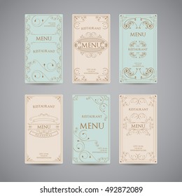 Set Of Vintage Luxury Greeting Restaurant Menu Design Template with Flourish Art Deco Frame Elegant Border and Flourishes Corner Elements